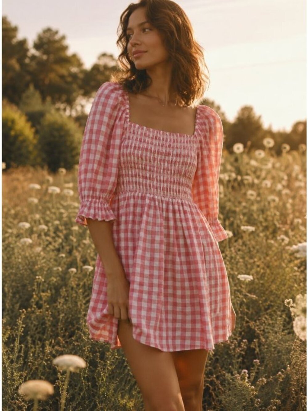 H&M Coral Check Puff Sleeved Seersucker Dress Size M Picnic Chic
